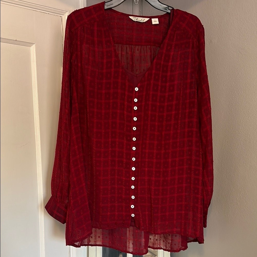 Red Sheer Button-Up Blouse